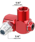 One Quarter Inch NPT 360 Degree Swivel Air Hose Connector Two Pack For Pneumatic Tools And Industrial Air Fittings With Quick Change Adapters To Prevent Kinking And Cut Fatigue For Pros And DIYers. Red anodized aluminum 1/4 in NPT swivel fitting