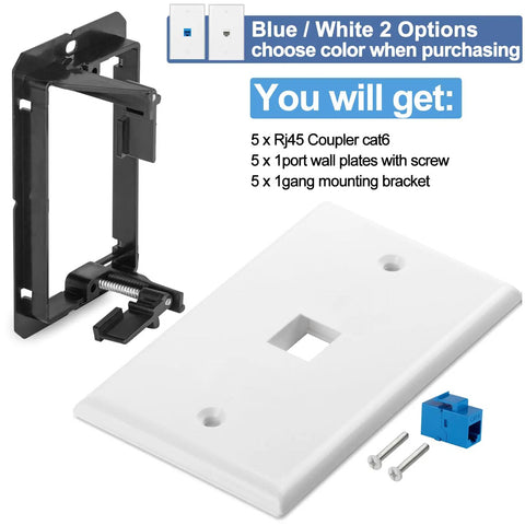 Slick 5 Pack Ethernet Wall Outlet Plates With Cat6 RJ45 Keystone Jacks And Female To Female Couplers, includes wall plates and mounting brackets.