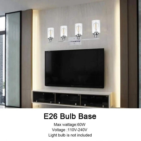 Room with Brushed Brass 4-Light Vanity Sconce With Clear Glass Cylindrical Shades above TV, modern wall lighting