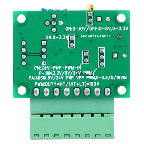 PWM Voltage To Current Converter Module With Analog 0-3.3V 0-5V And 0-10V Input Into 0-20mA Output, top view of green circuit board