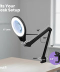 Pro Grade LED Magnifying Lamp With Clamp, 6 Inch Glass Lens, adjustable arm, on desk, illustrating dimensions and rotation angles.