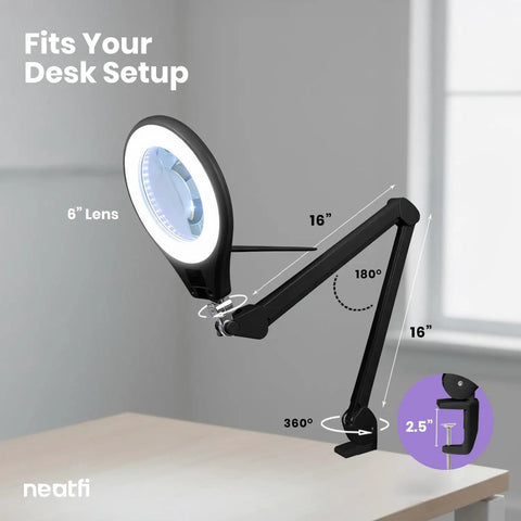 Pro Grade LED Magnifying Lamp With Clamp, 6 Inch Glass Lens, adjustable arm, on desk, illustrating dimensions and rotation angles.