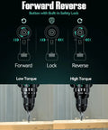 Go-To Cordless Hammer Drill Set With 20V 2.0Ah Battery Two-Pack showing forward, lock, reverse functions and torque settings