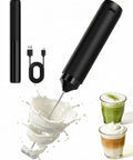 Rechargeable Milk Frother Handheld Electric Coffee Mixer Wand On The Go With Stainless Steel Whisk And Portable Case For Cappuccino Latte Matcha Hot Chocolate Black shown with USB-C cable and whipped drinks.