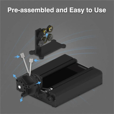 Dope Upgrade Four In One Axis Y Axis Rotary Roller Attachment For Laser Engravers featuring pre-assembled black design and dual rollers.
