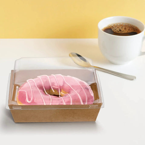 Pink donut in 100 Pack Charcuterie Boxes With Clear Lids, 5.4 By 5 By 2.5 Inches Disposable Brown Square Food Containers For Cookies Donuts Muffins Pastry Salad, Grab And Go Packaging, No Assembly Required