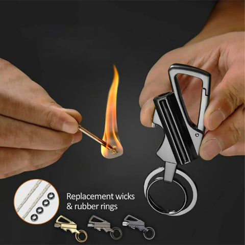 Hands using 3 In 1 All Metal Multitool Keychain Lighter And Bottle Opener for Outdoor Adventures, showing flame and accessories.