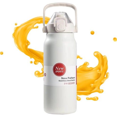 Insulated Stainless Steel Water Bottle 1300ml Leakproof Travel Cup, creamy color, with easy carry handle and splash design