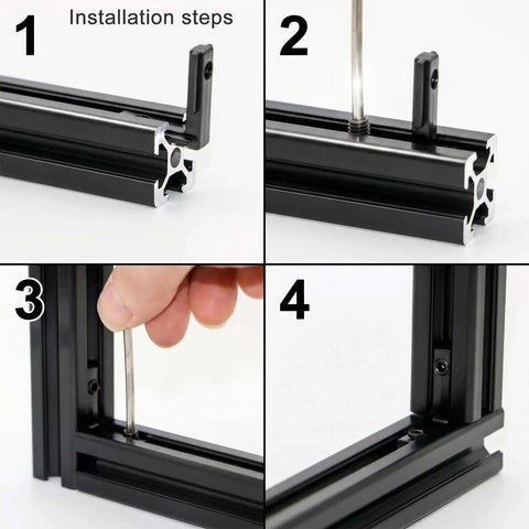 Installation steps for All In One 20 Piece Aluminum Extrusion L Bracket Kit For 2020 And 2040 V Slot T Slot Frames with screws and wrench