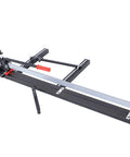 Heavy Duty All Steel Manual Tile Cutter With Self Service Oil System And Easy Glide Wheels For Dead On Straight Cuts Across Ceramic Up To 1200 Millimeters, side view showing cutting wheel and handle.