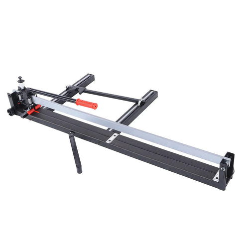 Heavy Duty All Steel Manual Tile Cutter With Self Service Oil System And Easy Glide Wheels For Dead On Straight Cuts Across Ceramic Up To 1200 Millimeters, side view showing cutting wheel and handle.
