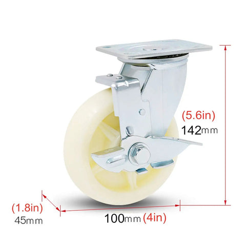 Tough As Nails Heavy Duty Swivel Casters With Lock Brakes And Silent Rolling Nylon Wheels For Garage Trolley Workbench Furniture Industrial Plate Mount Rollers 4 Pack, 4 inch wheel with chrome swivel mount and nylon tread.
