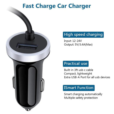 USB C Car Charger With 3.4A Fast Charge And 3ft Type C Cable for Galaxy S26 Ultra S25 Note 20 and more, black compact design