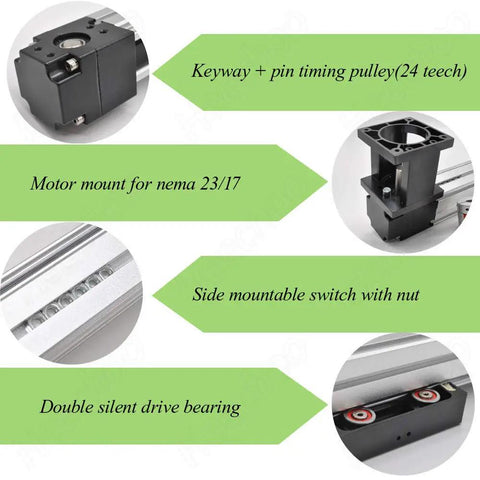 Fast 300mm Belt Drive Linear Guide Rail Actuator For CNC Motion Slide Kit 12 Inch Stroke Preassembled With NEMA 23 Mount And Coupling Quick Install Plug And Play Ready Fits Standard Stepper Motors Sold Separately. Close-up of belt pulley mount and linear rail bearing carriage.