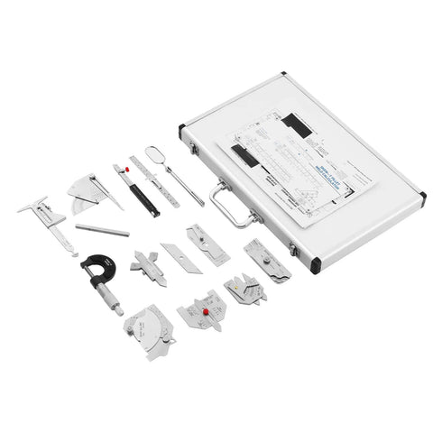 13-Piece Stainless Steel Weld Inspection Gauge Set With Tool Box for Pro Grade Precise Readings, includes fillet gauge and straight ruler.