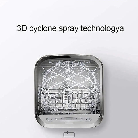 Totally Hassle Free Compact Countertop Dishwasher With Slick Stainless Steel Interior Detachable Water Tank featuring 3D cyclone spray technology.