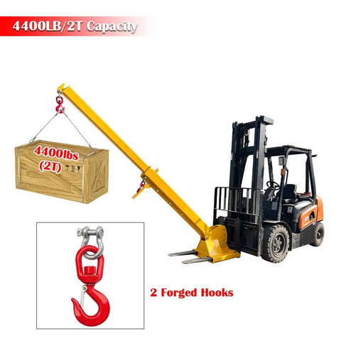 Heavy Duty Forklift Jib Boom Crane Attachment With Extendable Telescopic Boom Arm And Adjustable Tilt for two ton lifting.