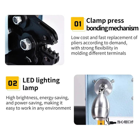 Electric Cold Press Terminal Crimper Machine With Interchangeable Die Sets For Fast One Second Wiring And Continuous Crimping Operations To Boost Electrical Project Productivity showing clamp press mechanism and LED lamp.