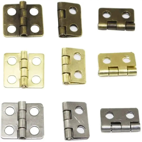 Set Of 10 Mini Cabinet Drawer Butt Hinge Connectors With Screws, Solid Brass Hinges, various angles showing size and material.