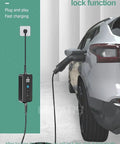 Level 2 Portable EV Charger 16A with 5m Schuko Plug Cable charging a car in a garage, showing 7-pin IEC 62196-2 compliance.