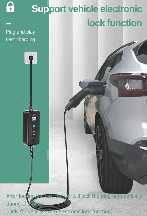 Level 2 Portable EV Charger 16A with 5m Schuko Plug Cable charging a car in a garage, showing 7-pin IEC 62196-2 compliance.