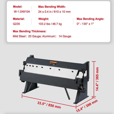 24 Inch Box And Pan Brake Metal Bender 0 To 130 Degree Sheet Metal Tool Portable Bend Press for 20 Gauge Steel and 14 Gauge Aluminum