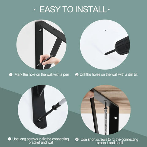 12 Pack Heavy Duty L Shaped Shelf Brackets installation guide with steps for drilling and screwing, suitable for 12-16 inch deep shelves.