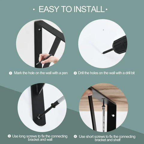 Instructional steps for installing 12 Pack Matte Black Heavy Duty Shelf Brackets With Screws Built Like A Tank For Rustic Home And Garage Shelving.