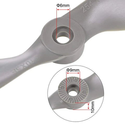 Close-up of Two Vane 10x5 Inch Nylon RC Propellers CW For Airplanes Gray 3 Pack With Adapter Rings showing hole measurements