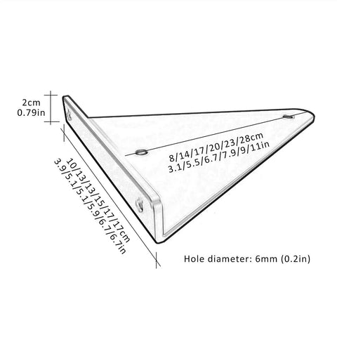 Illustration of Rock Solid Heavy Duty White Shelf Brackets Featuring Sneaky Hidden Mounting And Tough Rust Proof Finish dimensions and hole details.