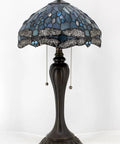 Lit Tiffany Style Sea Blue Dragonfly Stained Glass Table Lamp, 12 Inch Shade, 22 Inch Tall, Antique Green Bronze Base, Pull Chain