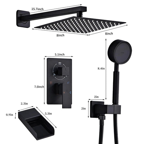Top Tier Slick Matte Black Wall Mounted Shower And Tub Faucet Set With 8 Inch Widespread Bathtub Filler And Rainfall Showerhead Plus Handheld Sprayer For A Sweet Modern Bathroom Setup