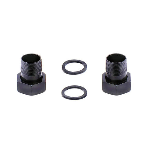 Two black fittings and washers for Beefy Three Speed 115V Cast Iron Water Circulator Pump For Hydronic Recirculation.
