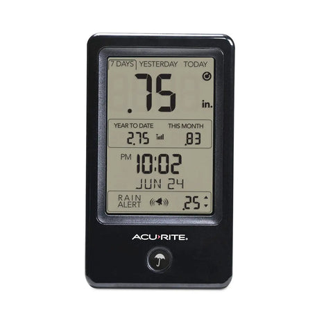 Wireless Rain Gauge With Self Emptying Collector Indoor Display Rainfall History By Day Week Month Audible Alerts When Your Set Total Is Reached And Current Date And Time For Outdoor Yard Monitoring showing digital rain data, date, and time.