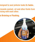Person holding Head Gasket Stop Leak Sealant 16 Fl Oz in front of car engine showing product use