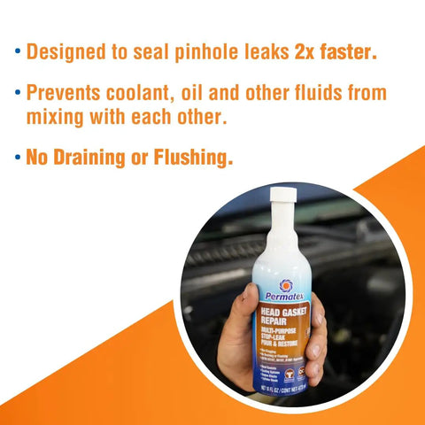 Person holding Head Gasket Stop Leak Sealant 16 Fl Oz in front of car engine showing product use