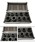Heavy Duty Steel Bolt Extractor Socket Set 10pc For Gnarly Rusted And Rounded Nuts Fits Standard Ratchets, displayed in case.