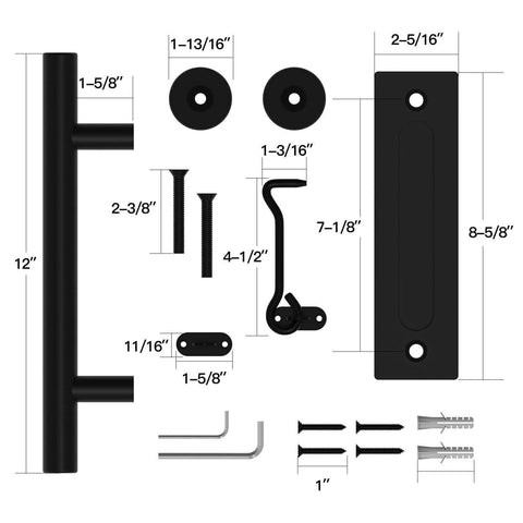 Black 12 Inch Barn Door Handle With Latch And Adjustable Floor Guide Kit For Tough As Nails Sliding Doors Flat Bottom Design