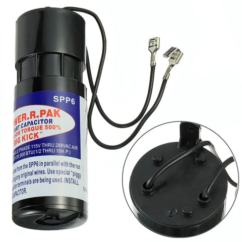 Hard Start Capacitor Replacement SPP6 for Air Conditioners with wires and label, boosts starting torque by five hundred percent