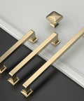 Sleek Brushed Brass Cabinet Pulls Five Inch Handles Set of 20 Kitchen Cabinet Hardware Drawer Pulls Cupboard Handles With 128 Mm Hole Centers ZH0019 Durable Easy Install With Smooth Brushed Brass Finish For Cabinets And Drawers displayed on black and white surfaces.