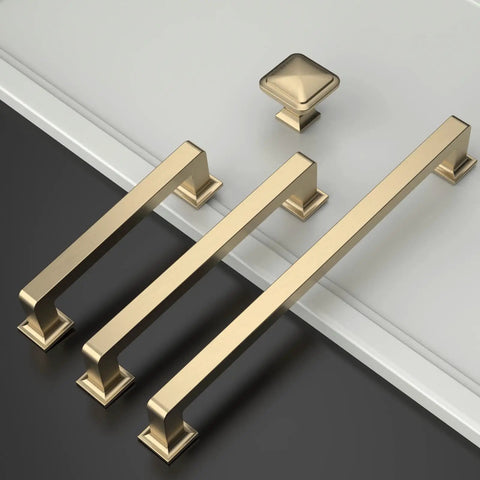 Sleek Brushed Brass Cabinet Pulls Five Inch Handles Set of 20 Kitchen Cabinet Hardware Drawer Pulls Cupboard Handles With 128 Mm Hole Centers ZH0019 Durable Easy Install With Smooth Brushed Brass Finish For Cabinets And Drawers displayed on black and white surfaces.
