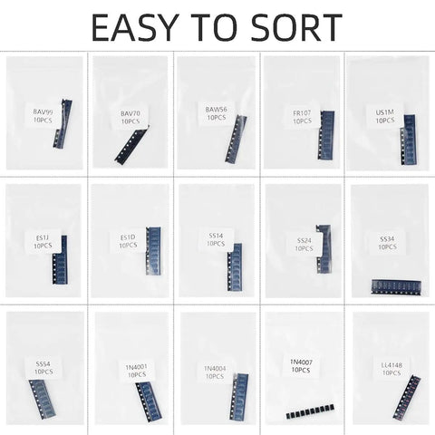 SMD Chip Transistor Assortment Kit 500 Pcs With 50 Value Sets Including 150 Pcs Diodes, 200 Pcs Transistors, 150 Pcs MOSFETs Easy Sort Box