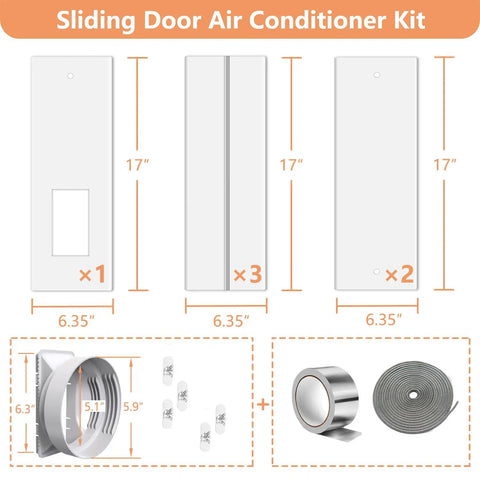 Ultimate 95 Inch Sliding Door Air Conditioner Vent Kit With Screen Net Weather Strips Airtight Seal Universal 5.0 To 5.9 Inch Hose Coupler Six 17 Inch Slider Panels 40 Inch Screen Net Portable Balcony Door Plate Kit diagram showing components.