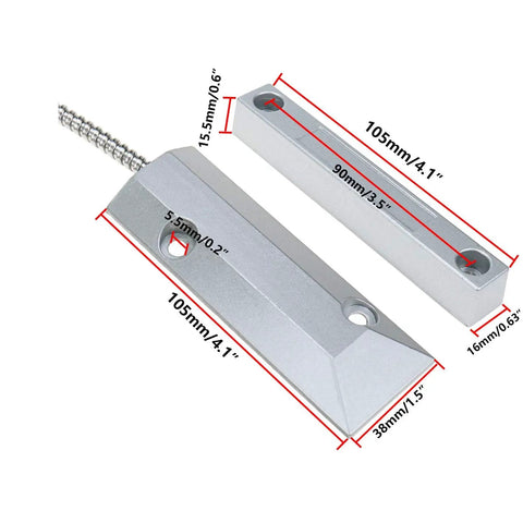 Wired Door Contact Sensor and Magnetic Reed Switch with dimensions showing silver zinc alloy housing for home security systems.