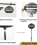 Left Arrow Package Delivery Sign For Front Yard With 19 Inch Adjustable Metal Stake Super Visible Home Address Marker Durable Aluminum assembly steps with accessories.