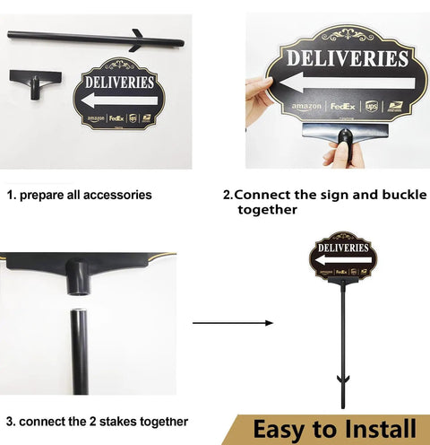 Left Arrow Package Delivery Sign For Front Yard With 19 Inch Adjustable Metal Stake Super Visible Home Address Marker Durable Aluminum assembly steps with accessories.