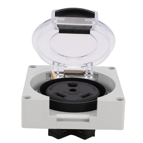 TT 30R Lockable Power Outlet Receptacle with Brass Contacts and IP55 Weatherproof Rating, open showing sturdy cover.