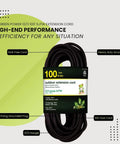 16/3 100 Foot Black Outdoor Extension Cord Heavy Duty Moisture Resistant Ideal For Tools And Equipment Contractor Grade For Construction And Outdoor Worksite Use GG-13700BK displayed coiled with packaging.