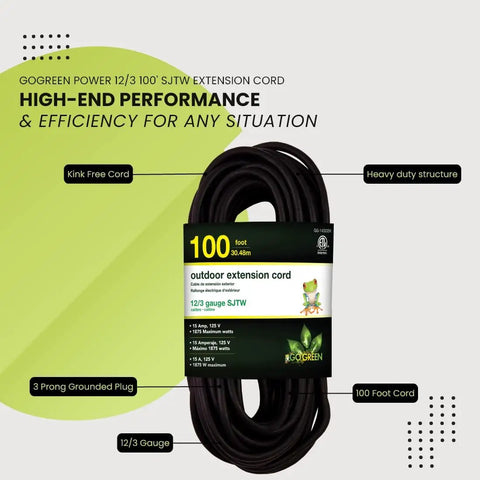 16/3 100 Foot Black Outdoor Extension Cord Heavy Duty Moisture Resistant Ideal For Tools And Equipment Contractor Grade For Construction And Outdoor Worksite Use GG-13700BK displayed coiled with packaging.
