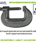 Heavy Duty C Clamp With 4 21/32 Inch Opening For Metal Fab And Woodworking Built To Last 2 7/8 Inch Throat Depth From Center 27/32 Inch Screw Diameter 20000 Lb Min Test Load Drop Forged And Heat Treated For Maximum Strength And Longevity, showing side view.
